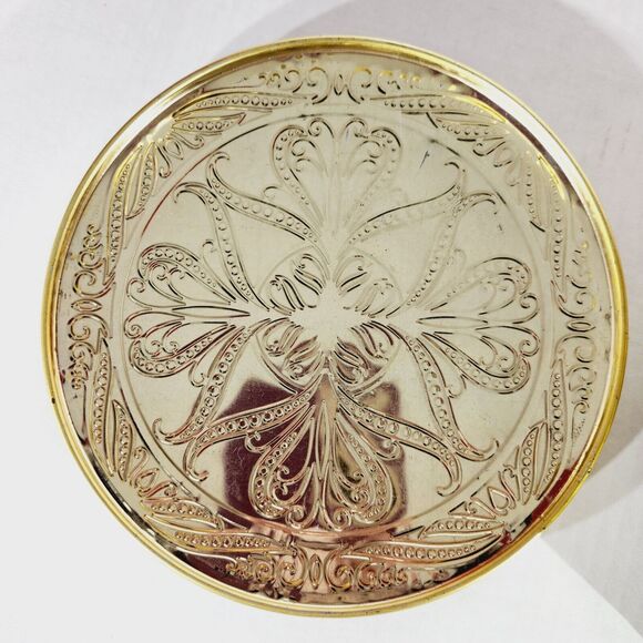 Decorative Nut Tin Filigree Bright Yellow Round Box Storage Container Embossed - Picture 6 of 12